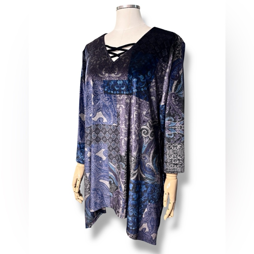 CHICO’S Midnight Paisley Patchwork Velour Tunic Top Size 3/XL